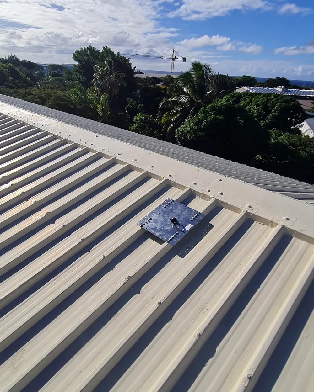 Platine d'ancrage vissée sur une toiture en bac acier, végétation et mer à l'horizon